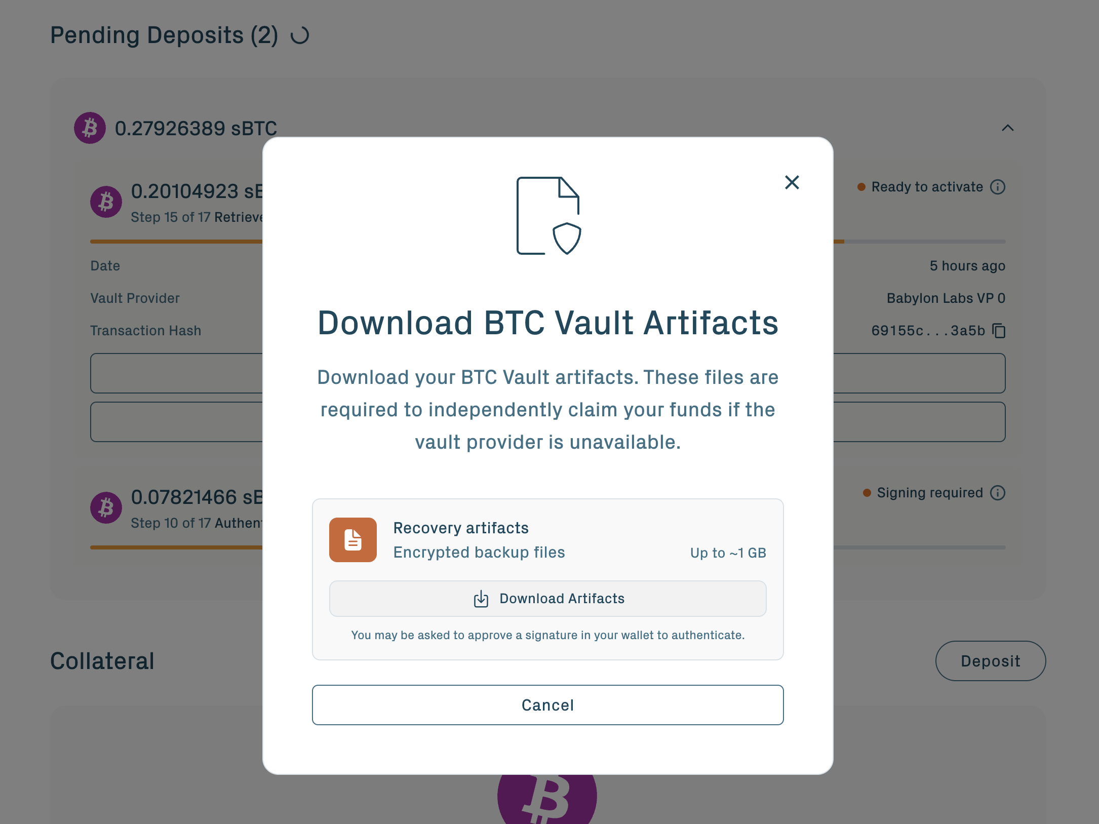 Download Claimer Artifacts prompt