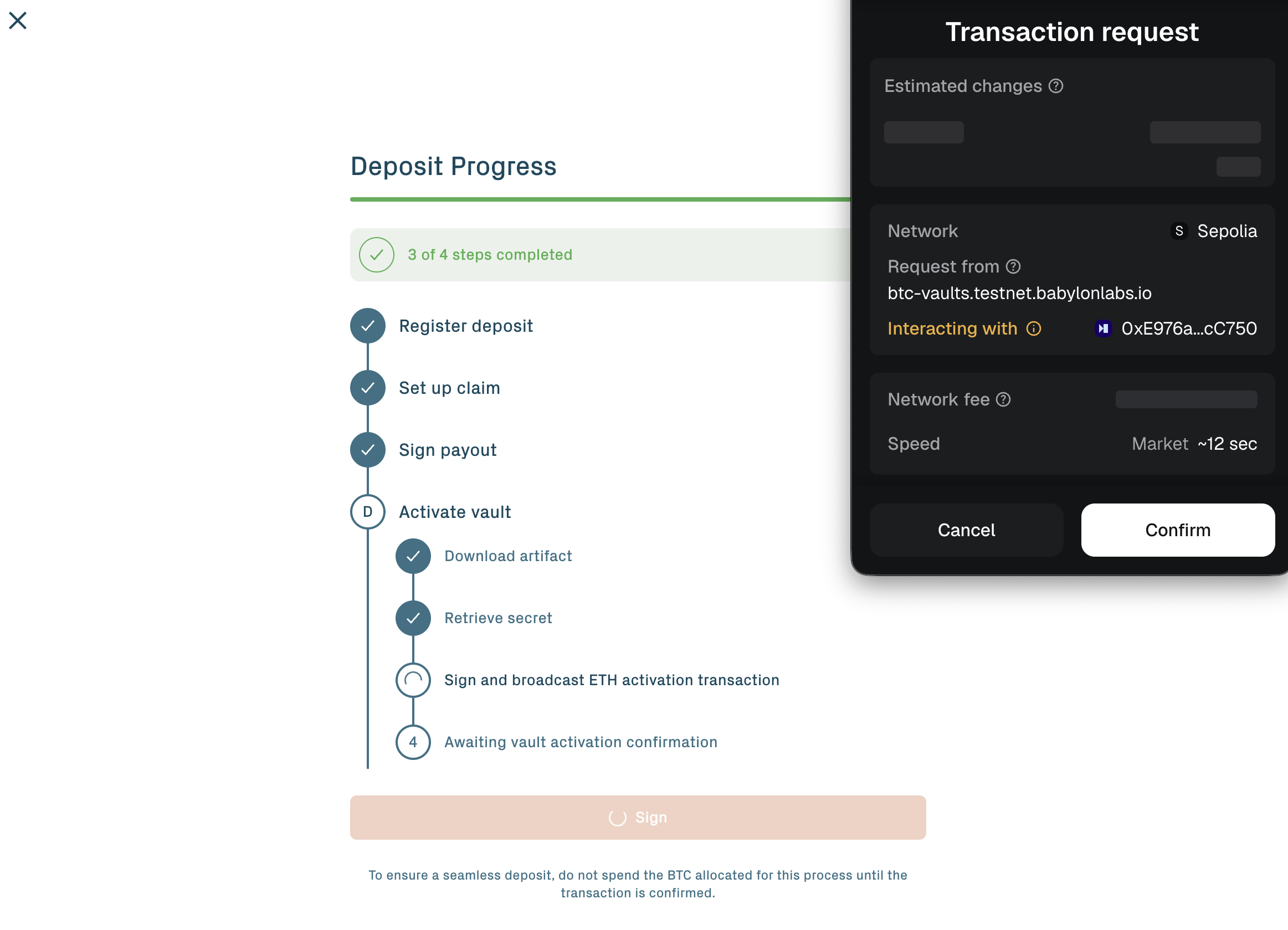 Ethereum activation transaction confirmation