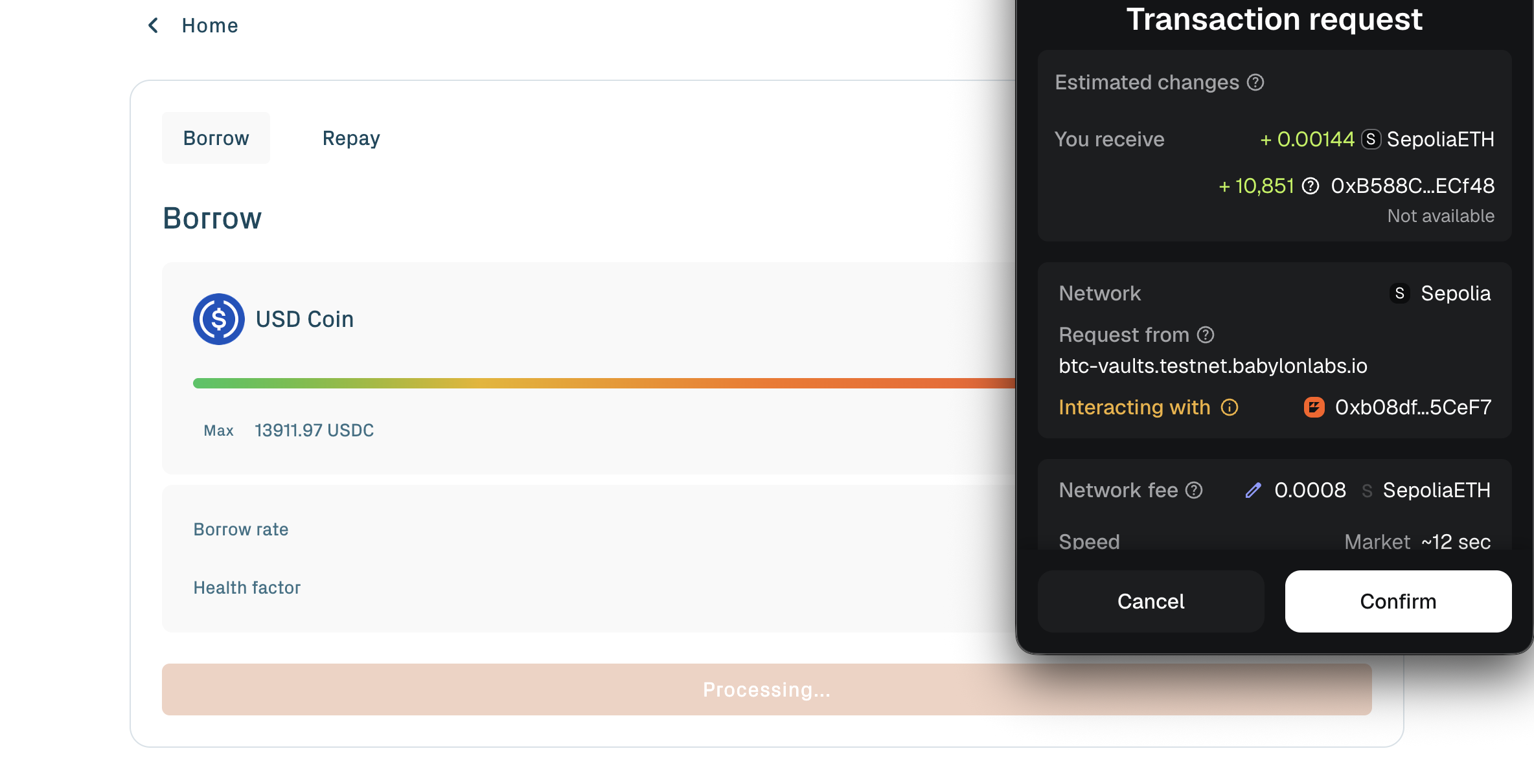 Borrow MetaMask transaction request