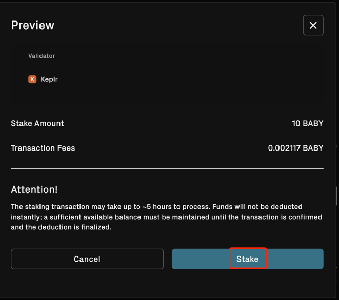 BABY Staking via Web Step 5