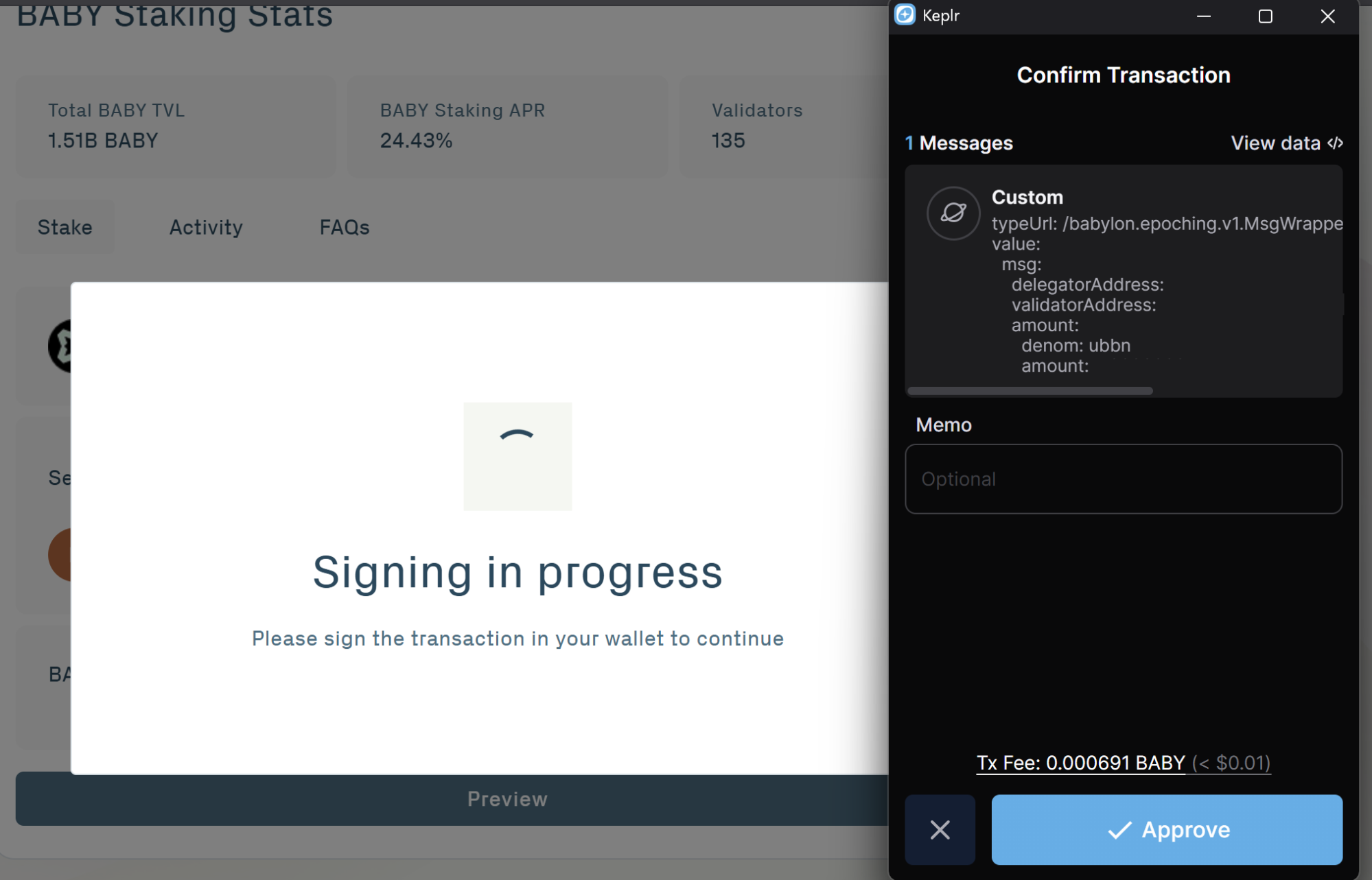BABY Staking via Web Step 6.1